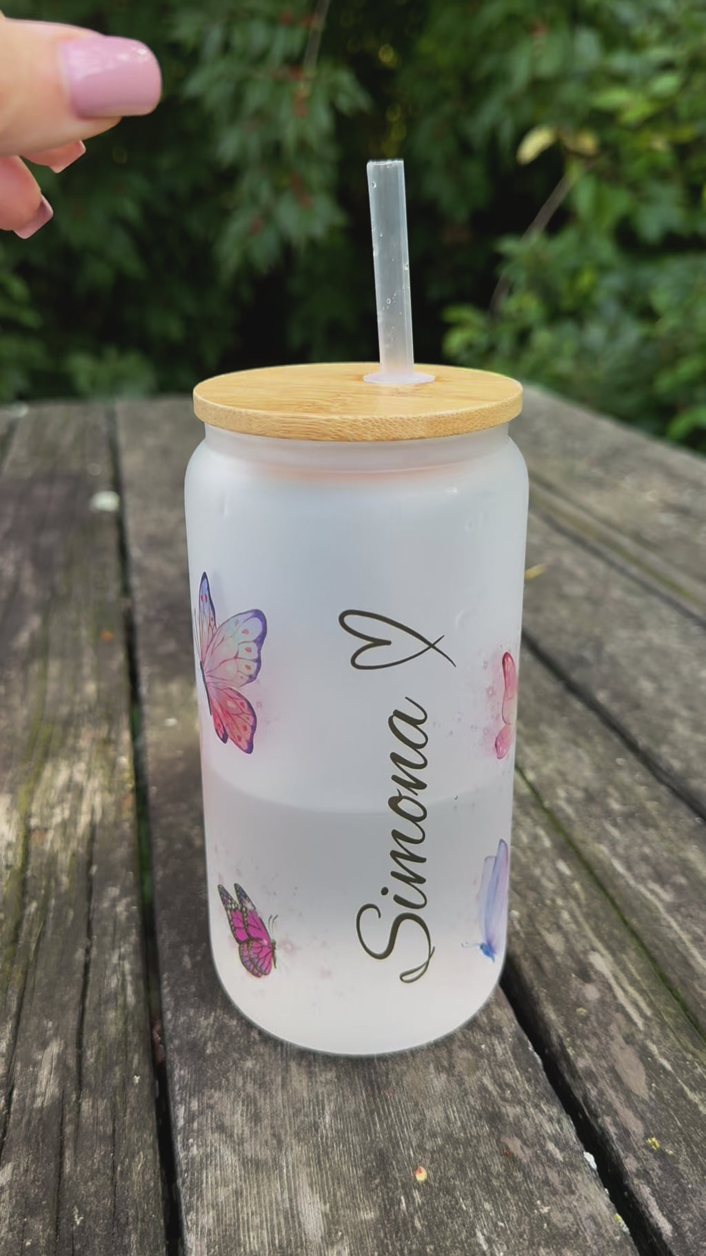 Custom personalized frosted glass cup with lid and straw 16oz