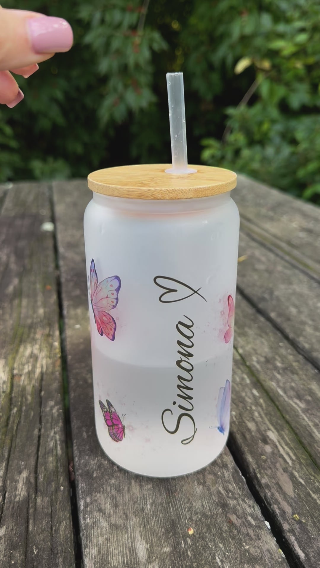 Custom personalized frosted glass cup with lid and straw 16oz