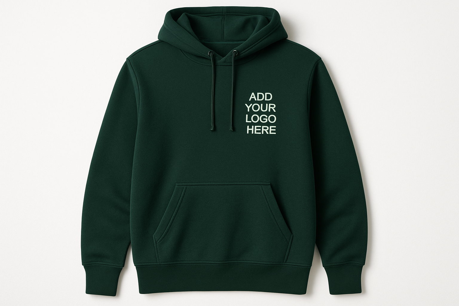 remove the logo and add :ADD YOUR LOGO HERE, make the hoodie dark green