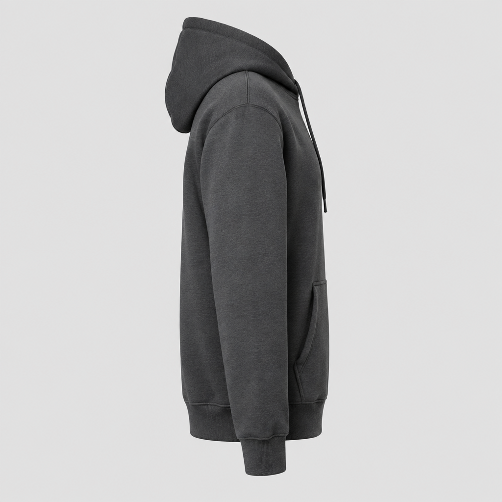 Side profile – charcoal grey hoodie