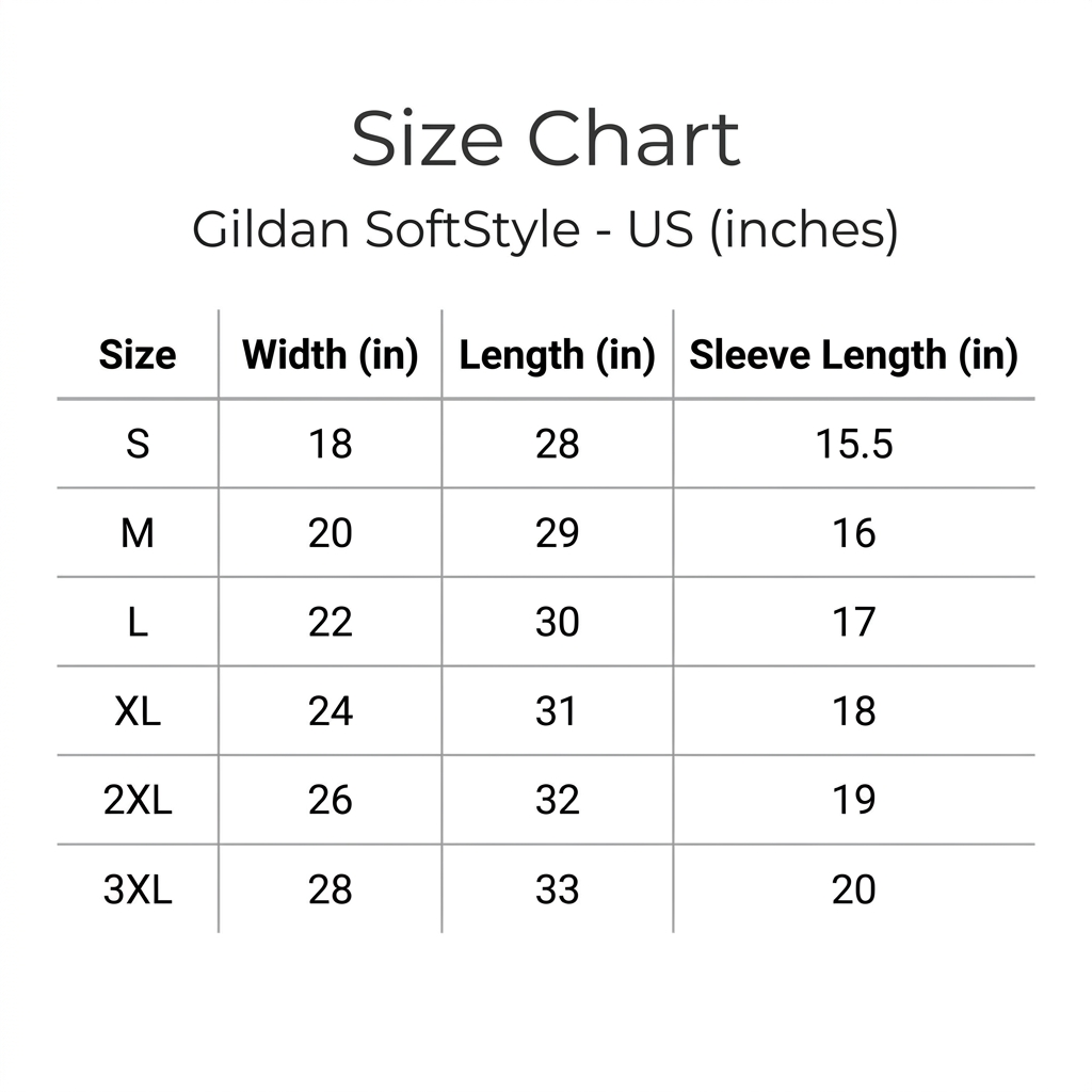 A size chart table for Gildan SoftStyle - US (inches), showing sizes S through 3XL with width, length, and sleeve length measurements.