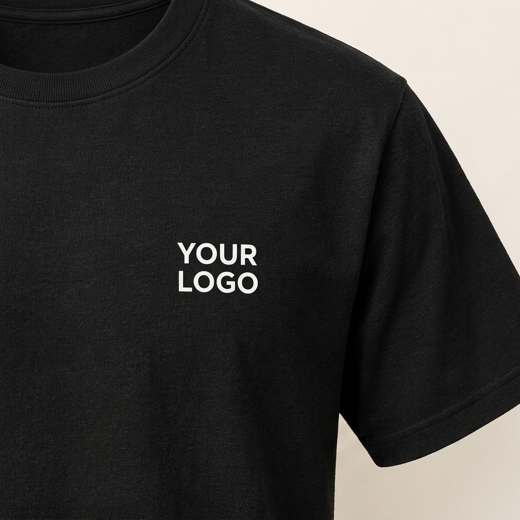 Close-up of the YOUR LOGO print on the left chest of a black T-shirt